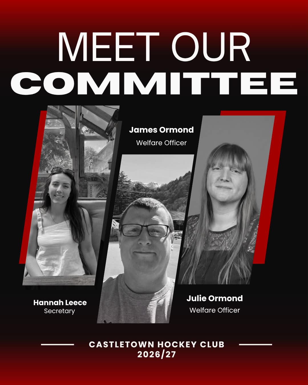 Meet Our Committee graphic featuring Hannah Leece (Secretary), James Ormond and Julie Ormond (Welfare Officers)