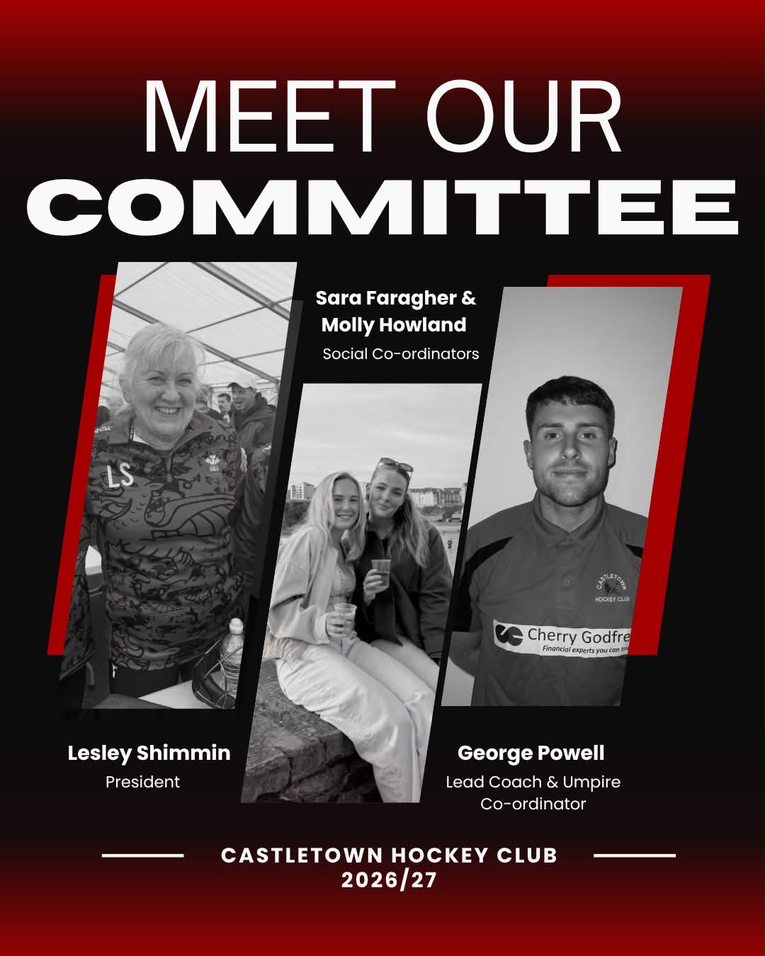 Meet Our Committee graphic featuring Lesley Shimmin (President), Sara Faragher and Molly Howland (Social Co-ordinators), George Powell (Lead Coach & Umpire Co-ordinator)