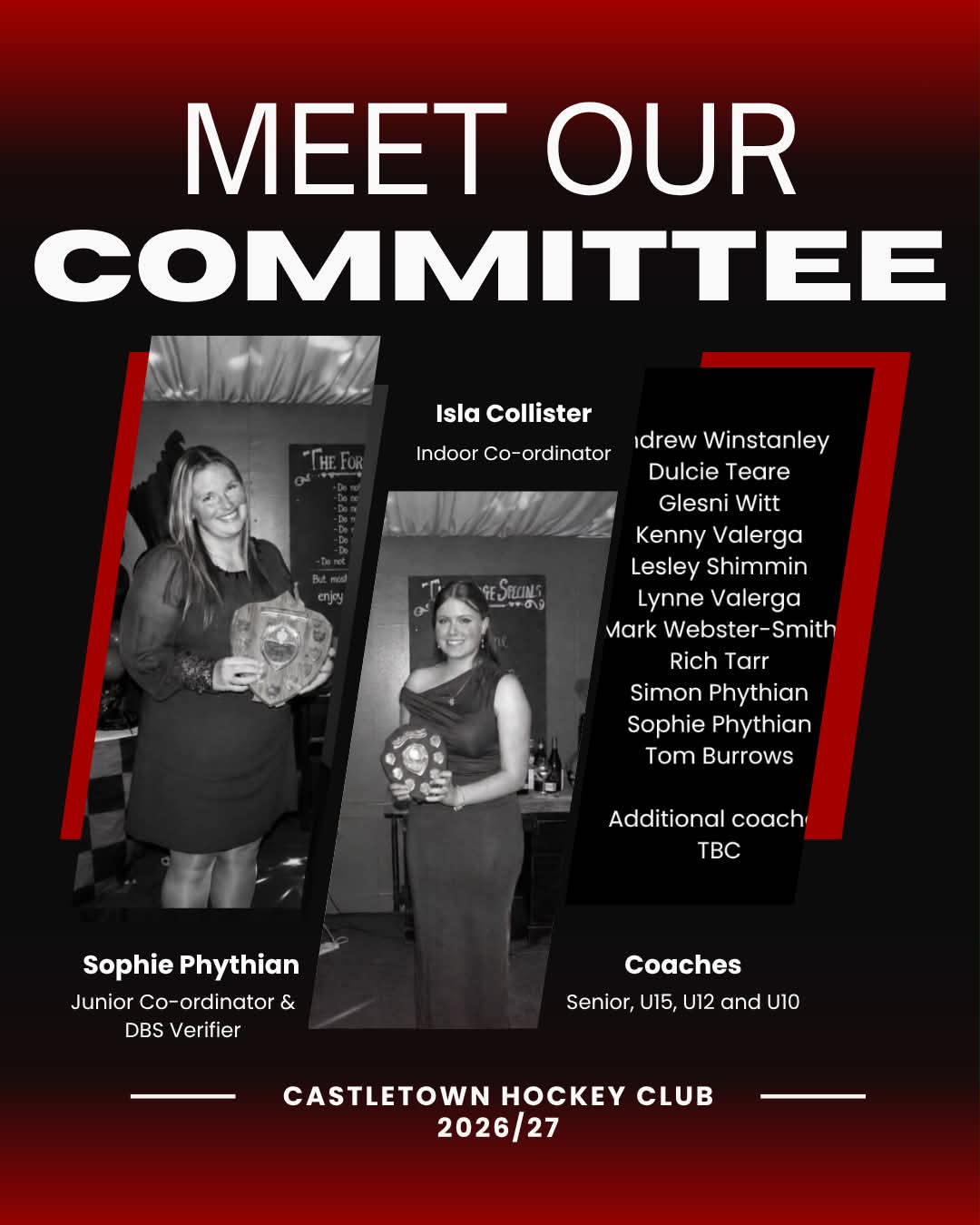 Meet Our Committee graphic featuring Sophie Phythian (Junior Co-ordinator & DBS Verifier), Isla Collister (Indoor Co-ordinator), and the club's Senior, U15, U12 and U10 coaches