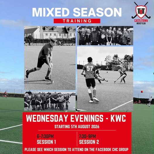 Mixed season training poster: Wednesday evenings at KWC, starting 5 August 2026, Session 1 6-7:30pm, Session 2 7:30-9pm